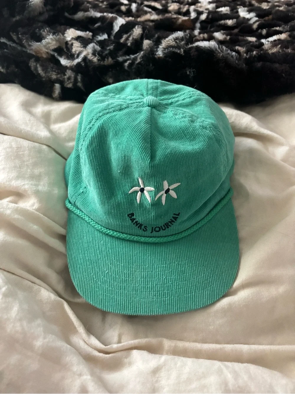 ' Teal Corduroy Cap with White Floral Embroidery